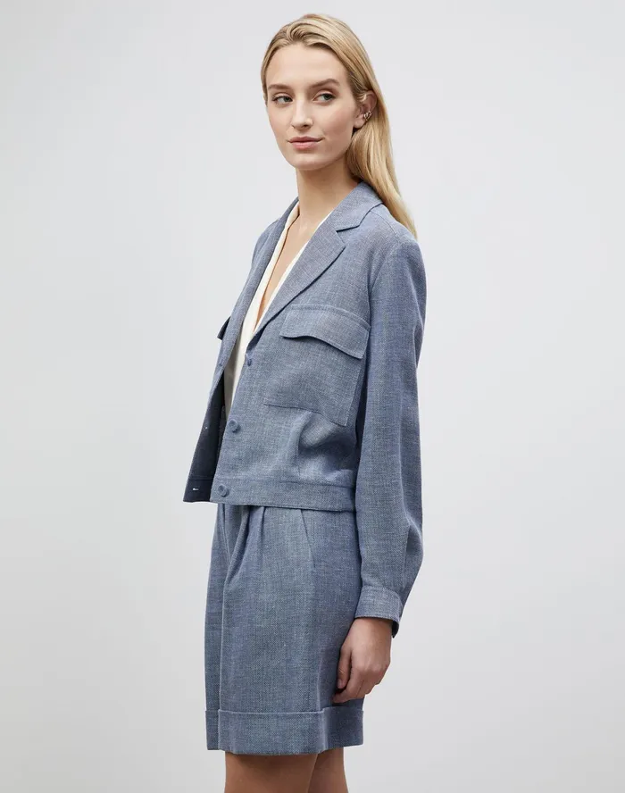Women Lafayette 148 New York Jackets and Blazers Conall Bomber Jacket In Italian Isola Weave Bluestone Multi