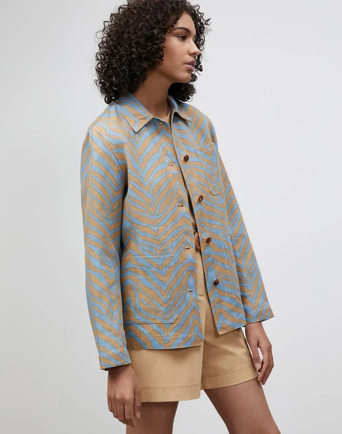 Women Lafayette 148 New York Jackets and Blazers PlusSize Amaris Jacket In Zevron Print Linen Fresh Blue Multi