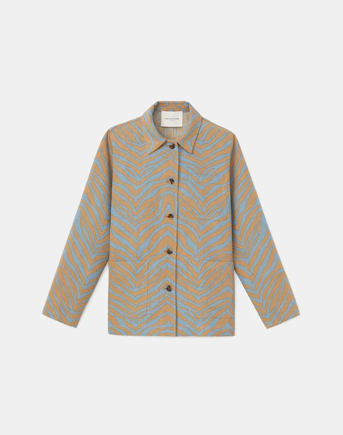 Women Lafayette 148 New York Jackets and Blazers PlusSize Amaris Jacket In Zevron Print Linen Fresh Blue Multi