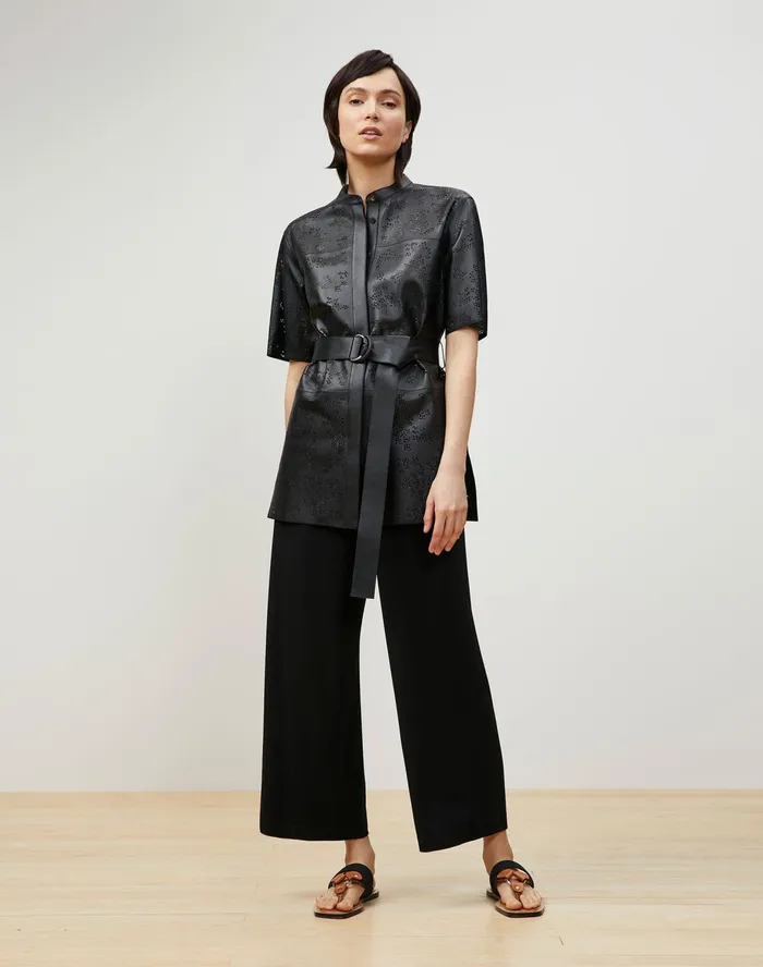Women Lafayette 148 New York Leathers and Suedes Alyse Blouse In Petal Eyelet Italian Tuffato Lambskin Black
