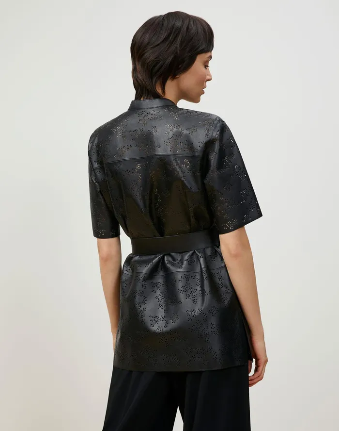 Women Lafayette 148 New York Leathers and Suedes Alyse Blouse In Petal Eyelet Italian Tuffato Lambskin Black