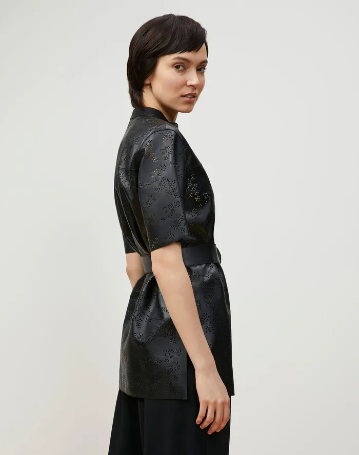 Women Lafayette 148 New York Leathers and Suedes Alyse Blouse In Petal Eyelet Italian Tuffato Lambskin Black