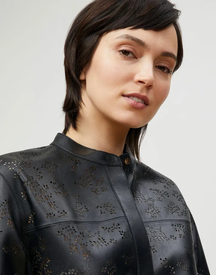Women Lafayette 148 New York Leathers and Suedes Alyse Blouse In Petal Eyelet Italian Tuffato Lambskin Black