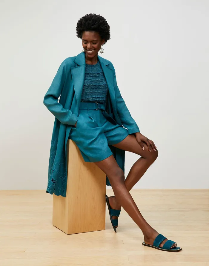 Women Lafayette 148 New York Sweaters Petite Cotton Silk Tape Bateau Neck Open Stitch Pullover Deep Lagoon Multi