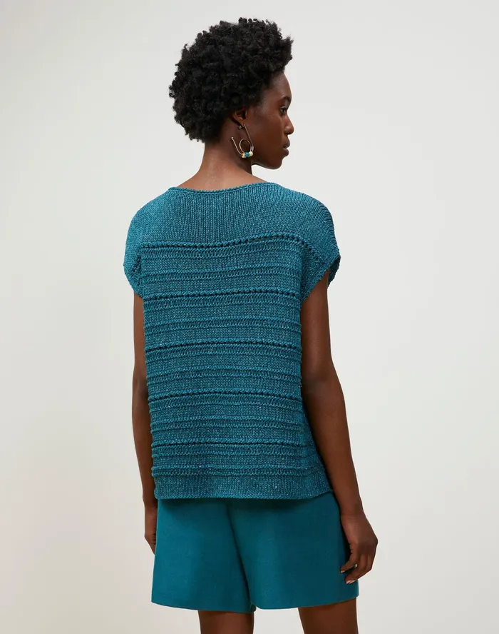 Women Lafayette 148 New York Sweaters Petite Cotton Silk Tape Bateau Neck Open Stitch Pullover Deep Lagoon Multi