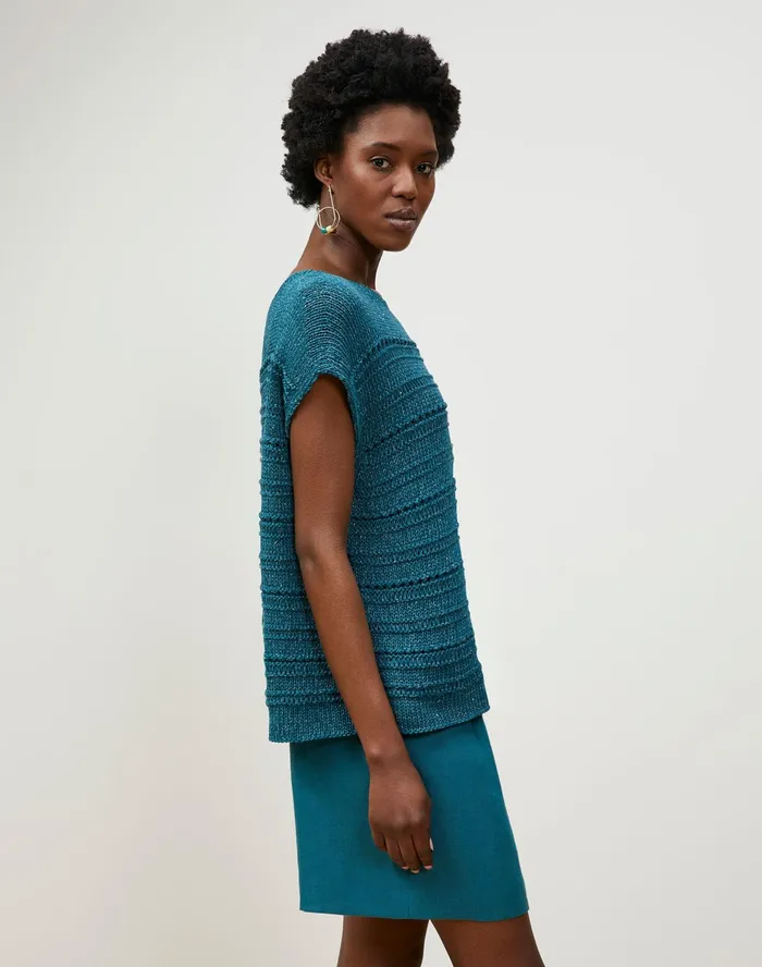Women Lafayette 148 New York Sweaters Petite Cotton Silk Tape Bateau Neck Open Stitch Pullover Deep Lagoon Multi