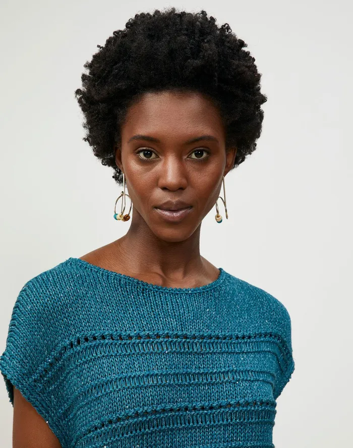 Women Lafayette 148 New York Sweaters Petite Cotton Silk Tape Bateau Neck Open Stitch Pullover Deep Lagoon Multi
