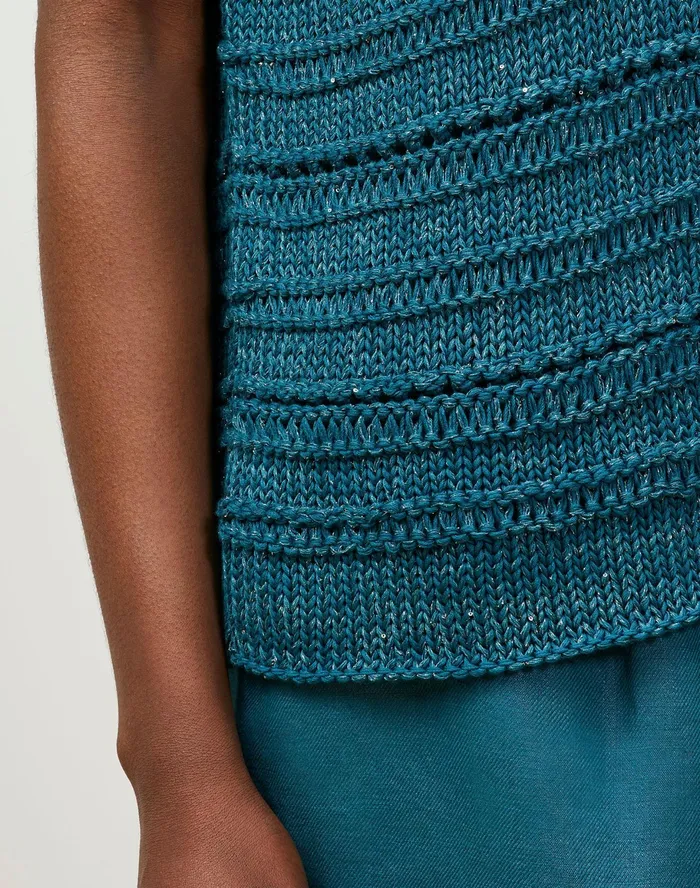 Women Lafayette 148 New York Sweaters Petite Cotton Silk Tape Bateau Neck Open Stitch Pullover Deep Lagoon Multi