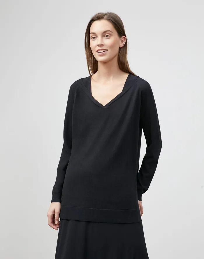 Women Lafayette 148 New York Sweaters PlusSize Cotton Crepe Plaited VNeck Sweater Black Women Lafayette 148 New York Sweaters PlusSize Cotton Crepe Plaited VNeck Sweater Black