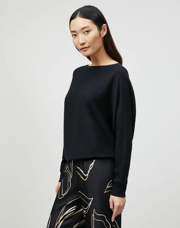 Women Lafayette 148 New York Sweaters PlusSize Cotton Silk Ribbed Asymmetric Sweater Black