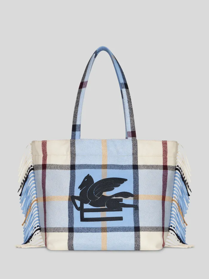 Women Large Check Jacquard Soft Trotter Tote Bag With Fringing Etro Shopping Bags