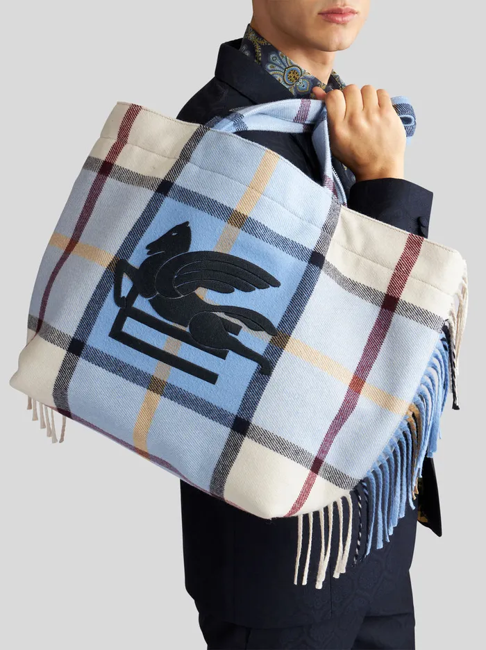 Women Large Check Jacquard Soft Trotter Tote Bag With Fringing Etro Shopping Bags