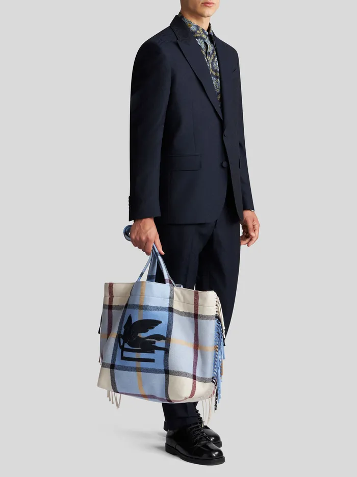 Women Large Check Jacquard Soft Trotter Tote Bag With Fringing Etro Shopping Bags