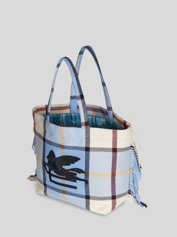 Women Large Check Jacquard Soft Trotter Tote Bag With Fringing Etro Shopping Bags