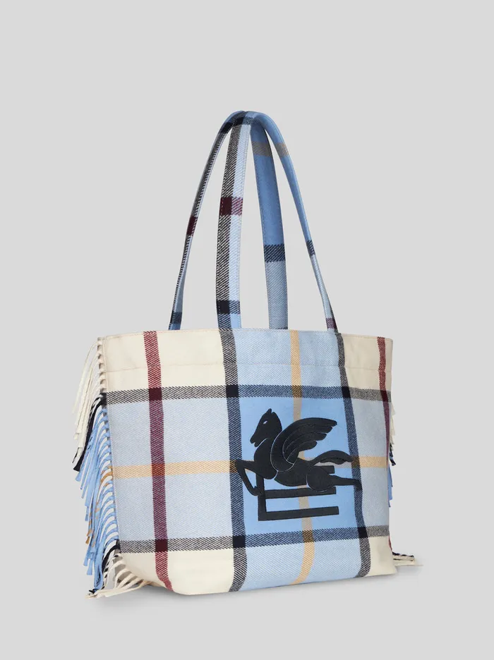 Women Large Check Jacquard Soft Trotter Tote Bag With Fringing Etro Shopping Bags
