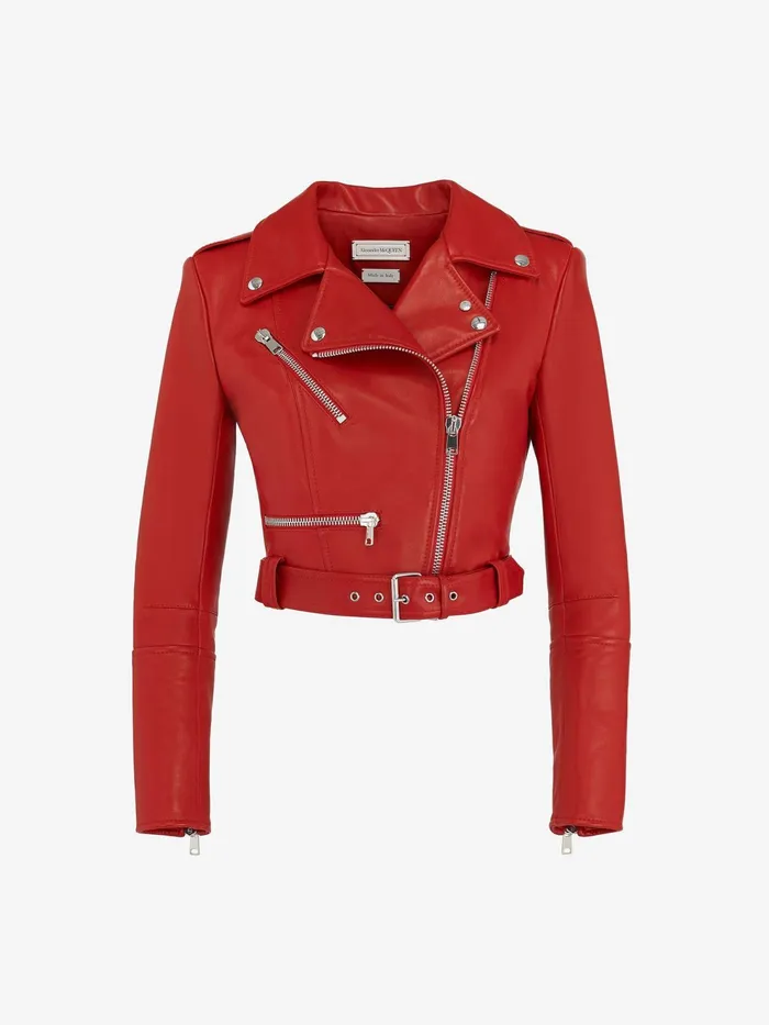 Women Leather Alexander McQueen Cropped Biker Jacket Welsh Red
