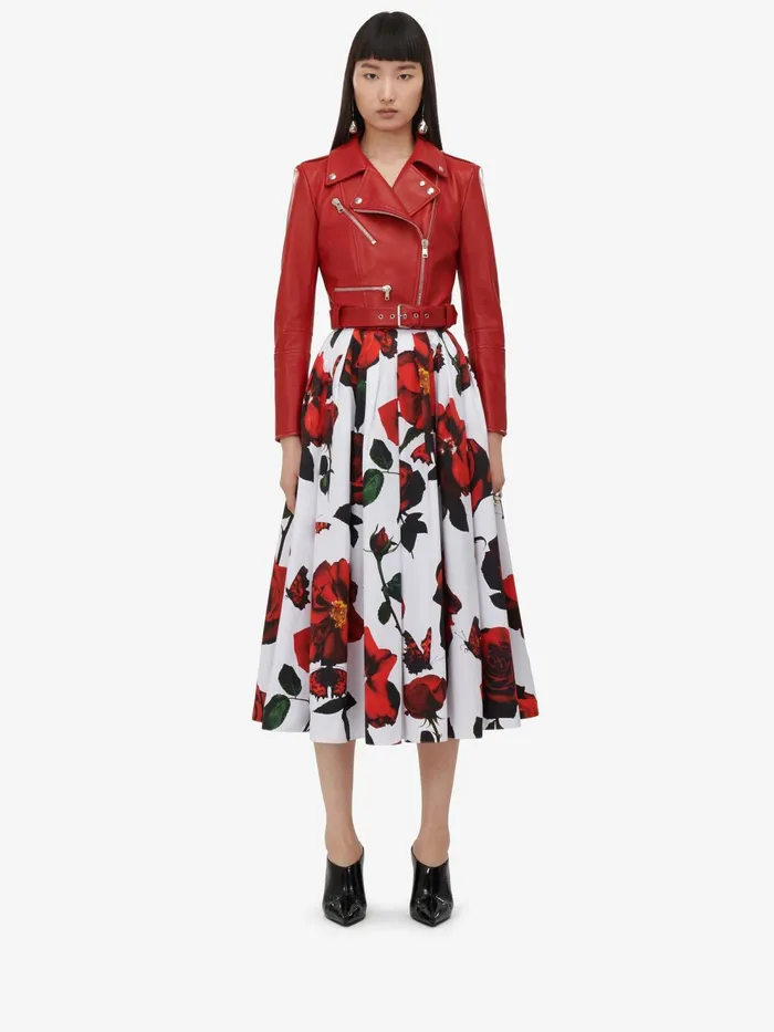 Women Leather Alexander McQueen Cropped Biker Jacket Welsh Red