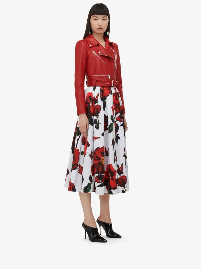 Women Leather Alexander McQueen Cropped Biker Jacket Welsh Red