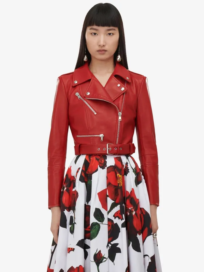 Women Leather Alexander McQueen Cropped Biker Jacket Welsh Red