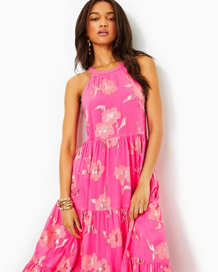 Women Lilly Pulitzer Dresses Beccalyn Halter Maxi Dress Roxie Pink Anniversary Silk Clip Women Lilly Pulitzer Dresses Beccalyn Halter Maxi Dress Roxie Pink Anniversary Silk Clip