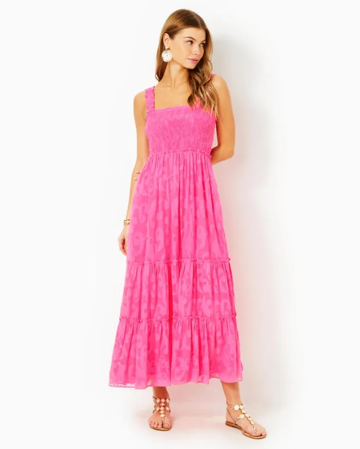 Women Lilly Pulitzer Dresses Hadly Smocked Maxi Dress Mizner Red Poly Crepe Swirl Clip Women Lilly Pulitzer Dresses Hadly Smocked Maxi Dress Mizner Red Poly Crepe Swirl Clip