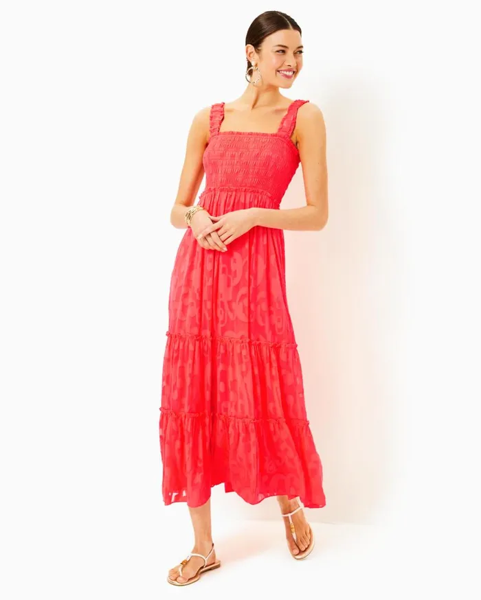 Women Lilly Pulitzer Dresses Hadly Smocked Maxi Dress Mizner Red Poly Crepe Swirl Clip Women Lilly Pulitzer Dresses Hadly Smocked Maxi Dress Mizner Red Poly Crepe Swirl Clip