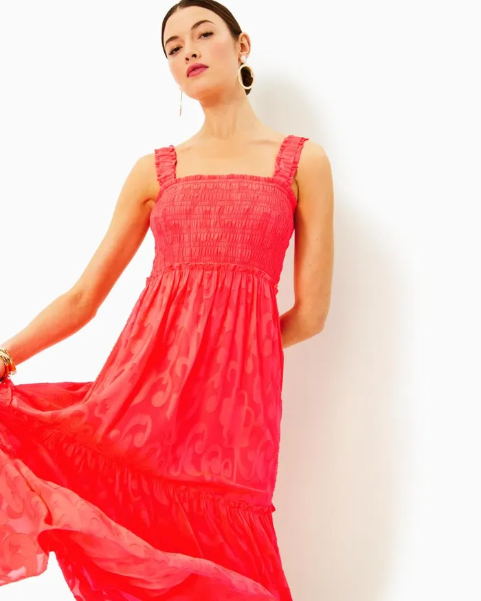 Women Lilly Pulitzer Dresses Hadly Smocked Maxi Dress Mizner Red Poly Crepe Swirl Clip Women Lilly Pulitzer Dresses Hadly Smocked Maxi Dress Mizner Red Poly Crepe Swirl Clip