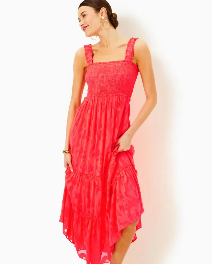 Women Lilly Pulitzer Dresses Hadly Smocked Maxi Dress Mizner Red Poly Crepe Swirl Clip Women Lilly Pulitzer Dresses Hadly Smocked Maxi Dress Mizner Red Poly Crepe Swirl Clip