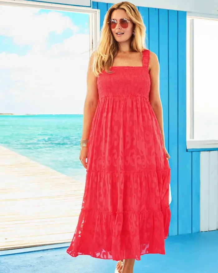 Women Lilly Pulitzer Dresses Hadly Smocked Maxi Dress Mizner Red Poly Crepe Swirl Clip Women Lilly Pulitzer Dresses Hadly Smocked Maxi Dress Mizner Red Poly Crepe Swirl Clip