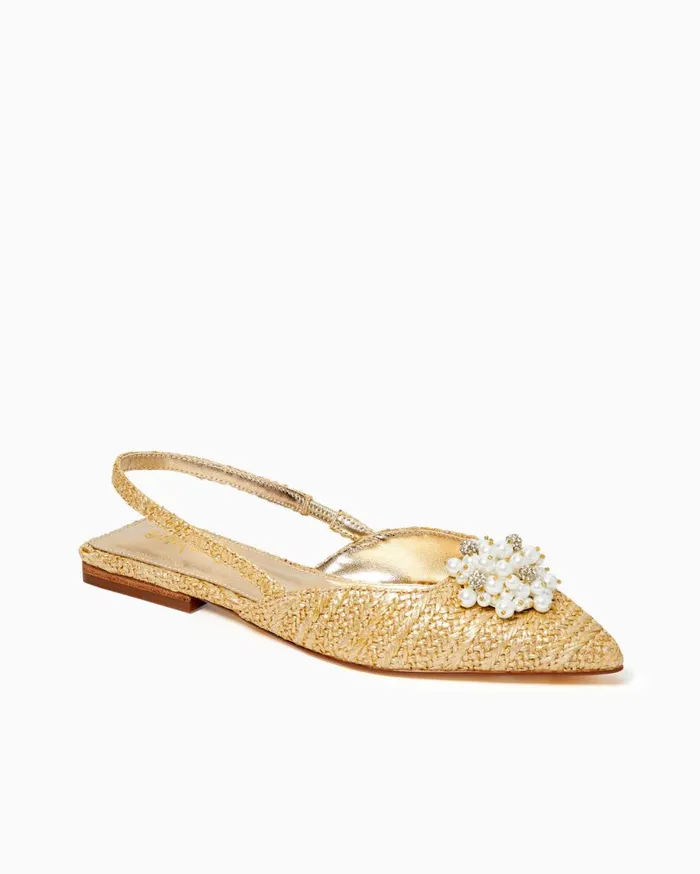 Women Lilly Pulitzer Shoes Brit Straw Slingback Shoe Gold Metallic