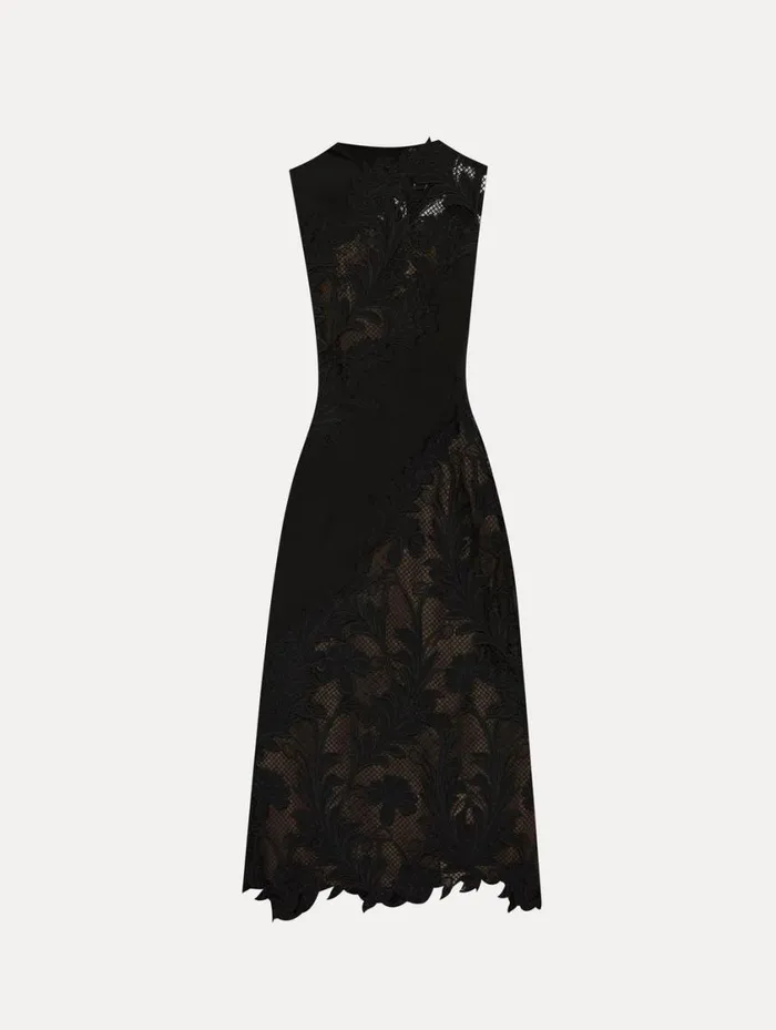 Women Marbled Carnation Guipure Inset Dress Black Oscar De La Renta Dresses