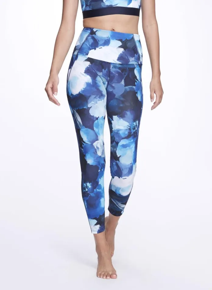 Women Marchesa Bottoms Navy Blue Floral High Waisted Compression Fit Performance Leggings Navy Multi