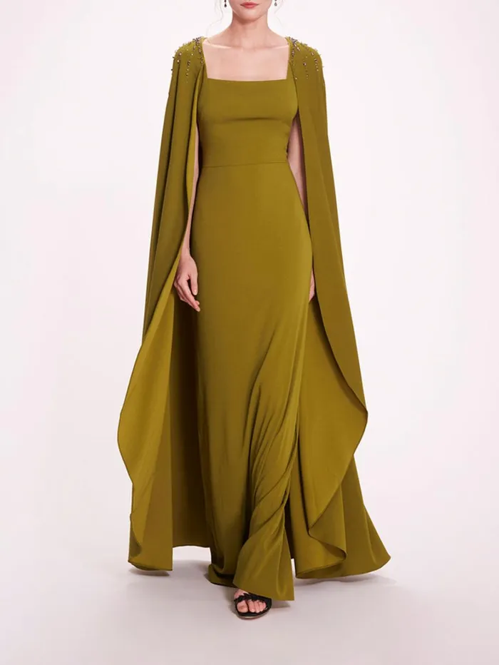 Women Marchesa Dresses Embellished Cape Gown Olive