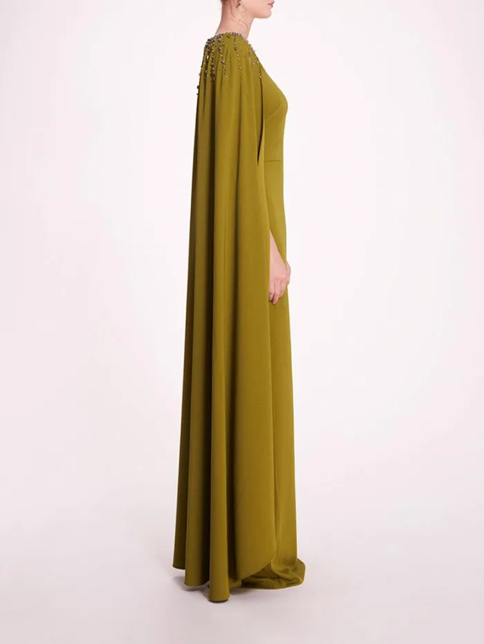 Women Marchesa Dresses Embellished Cape Gown Olive Women Marchesa Dresses Embellished Cape Gown Olive