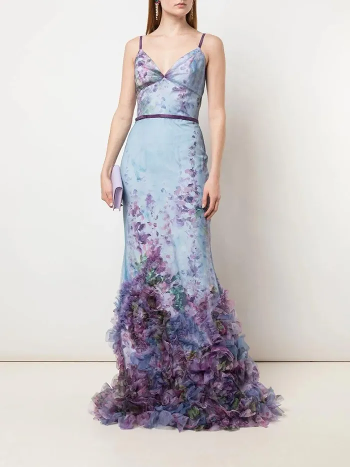 Women Marchesa Dresses FittoFlare Floral Texture Gown Light Blue