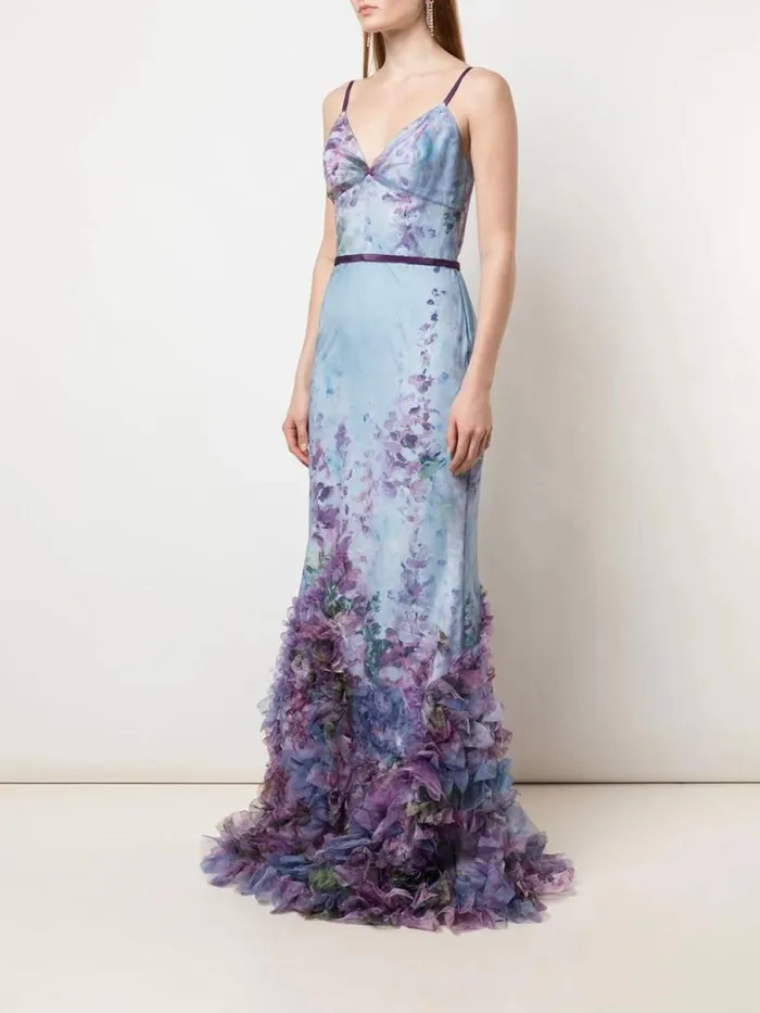 Women Marchesa Dresses FittoFlare Floral Texture Gown Light Blue