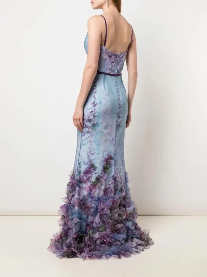 Women Marchesa Dresses FittoFlare Floral Texture Gown Light Blue