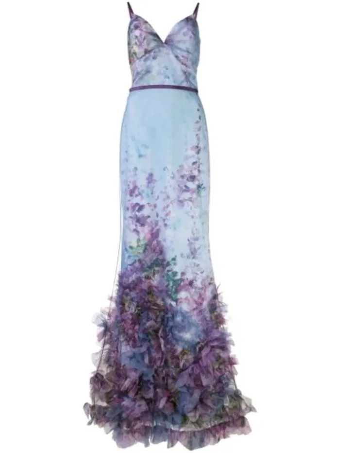 Women Marchesa Dresses FittoFlare Floral Texture Gown Light Blue