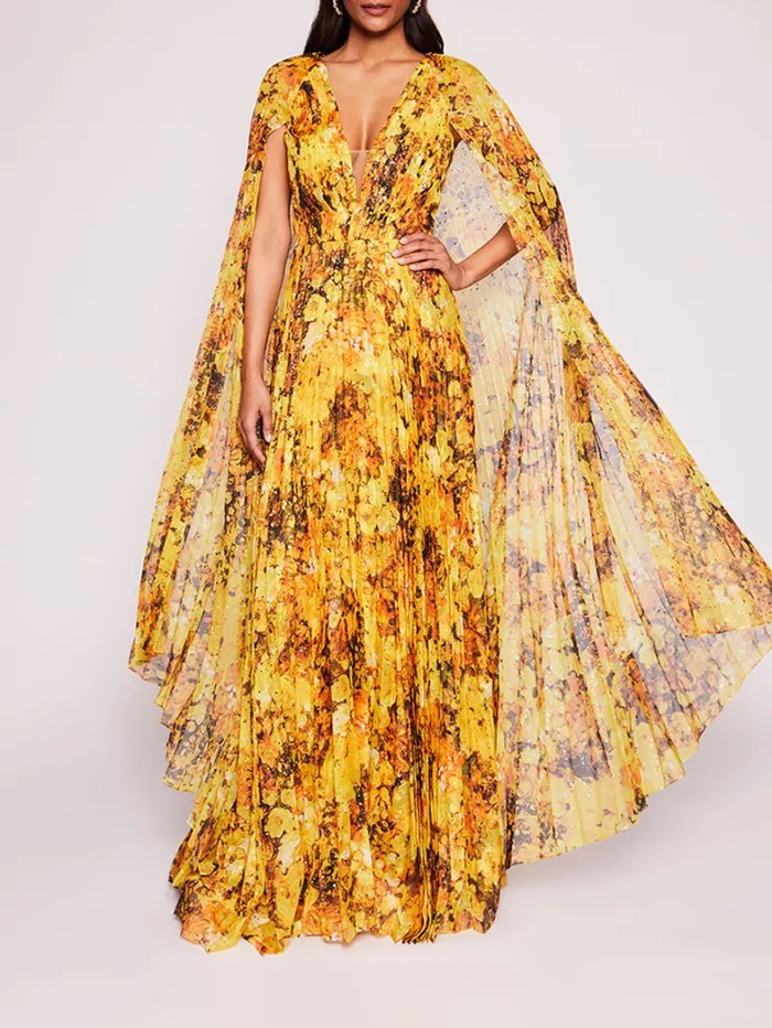 Women Marchesa Dresses Foiled Garden Gown Yellow Gold