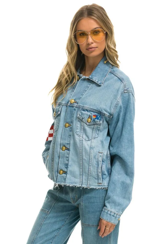 WomenMen Denim Aviator Nation Live Free Oversized Crop Denim Jacket 8211 Super Light