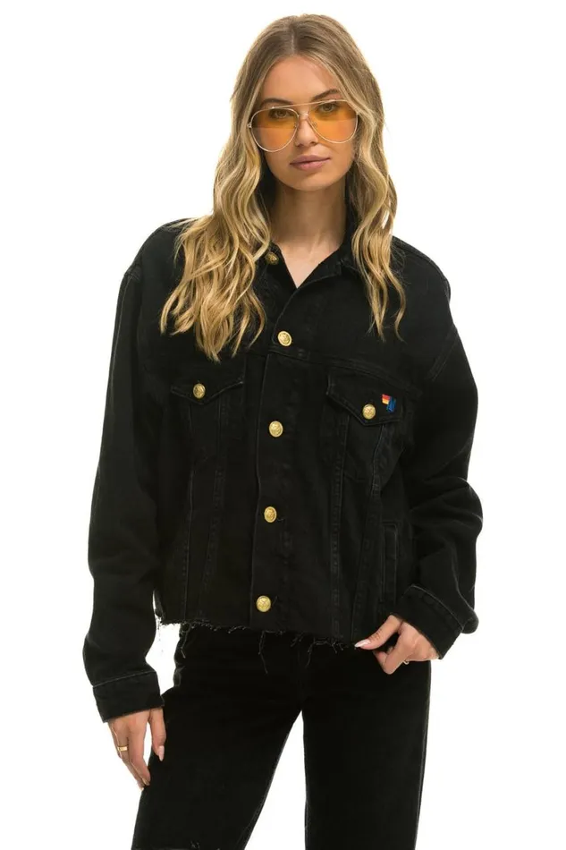 WomenMen Denim Aviator Nation Need For Speed Oversized Crop Denim Jacket 8211 Vintage Black
