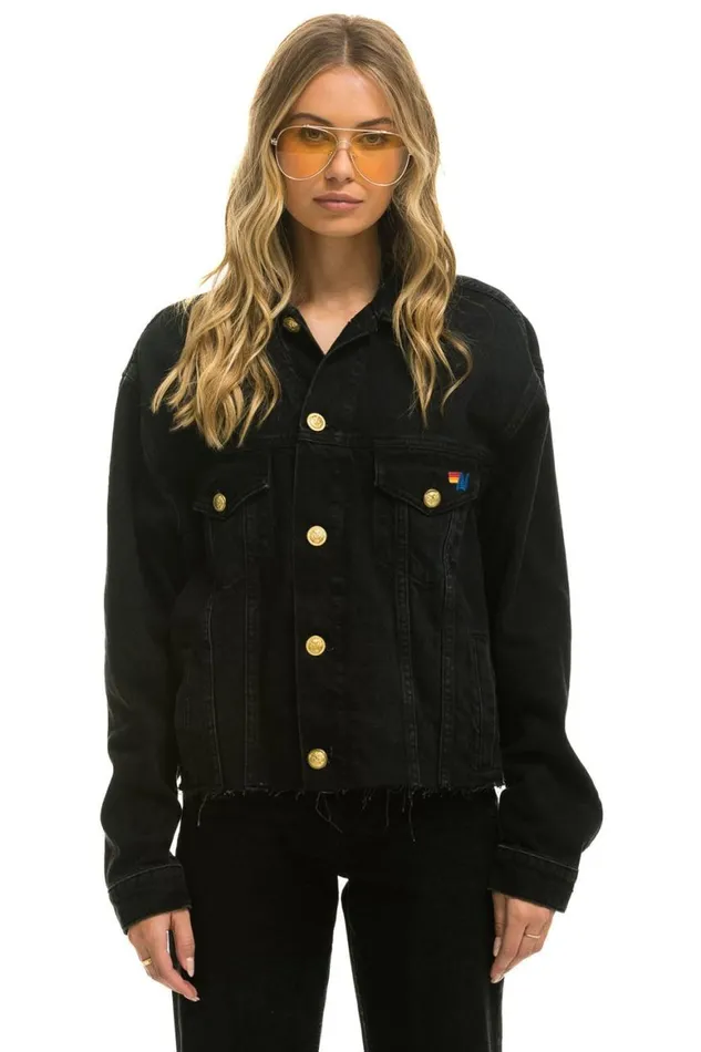 WomenMen Denim Aviator Nation Need For Speed Oversized Crop Denim Jacket 8211 Vintage Black