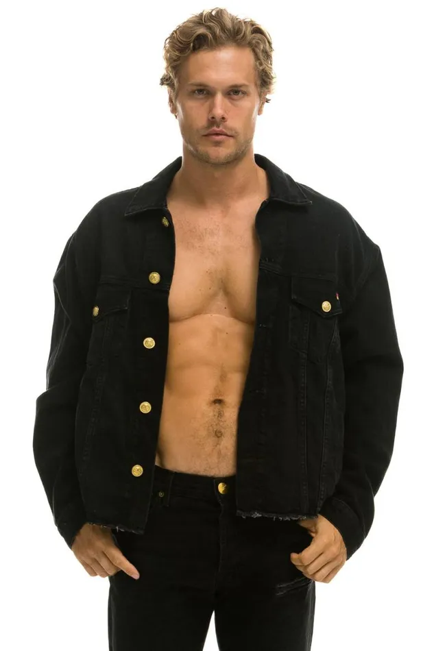 WomenMen Denim Aviator Nation Need For Speed Oversized Crop Denim Jacket 8211 Vintage Black