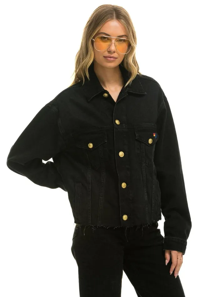 WomenMen Denim Aviator Nation Need For Speed Oversized Crop Denim Jacket 8211 Vintage Black
