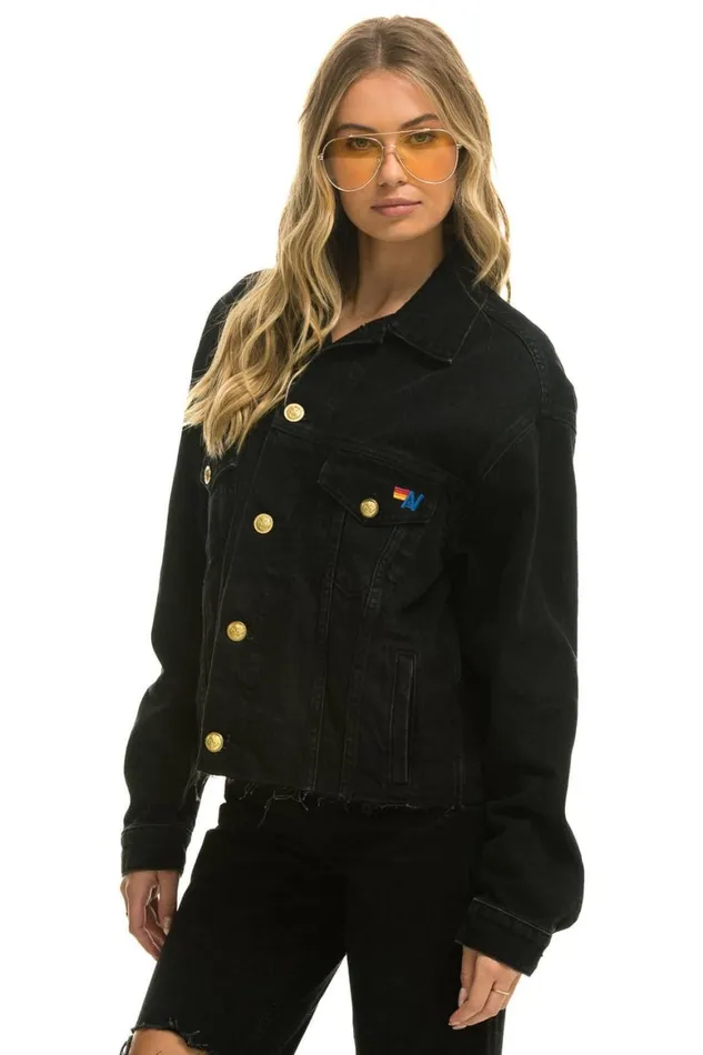 WomenMen Denim Aviator Nation Need For Speed Oversized Crop Denim Jacket 8211 Vintage Black
