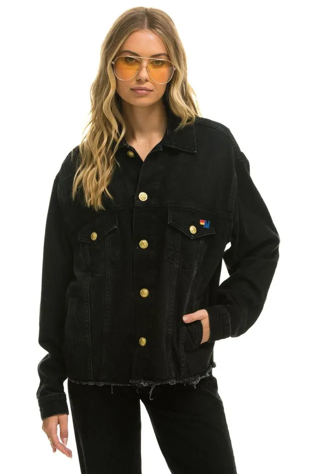 WomenMen Denim Aviator Nation Rainbow Bolt Oversized Crop Denim Jacket 8211 Vintage Black
