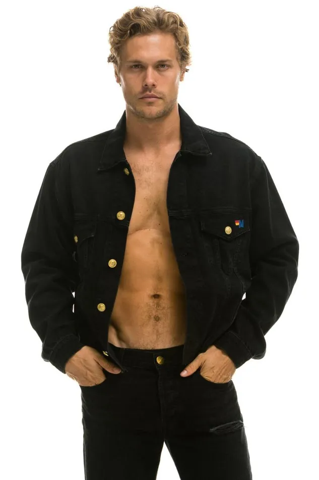 WomenMen Denim Aviator Nation Rainbow Bolt Oversized Crop Denim Jacket 8211 Vintage Black