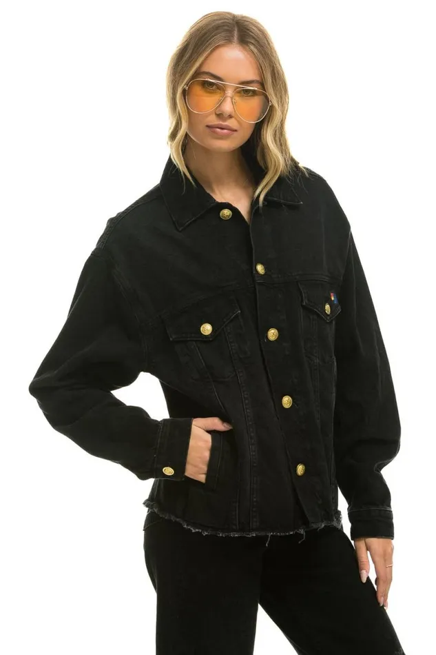 WomenMen Denim Aviator Nation Rainbow Bolt Oversized Crop Denim Jacket 8211 Vintage Black