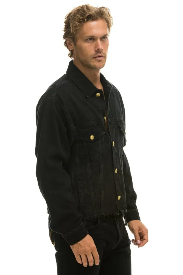 WomenMen Denim Aviator Nation Rainbow Bolt Oversized Crop Denim Jacket 8211 Vintage Black