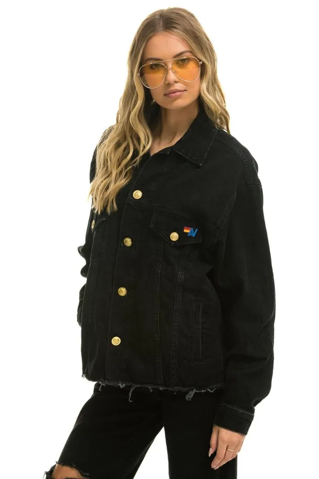 WomenMen Denim Aviator Nation Rainbow Bolt Oversized Crop Denim Jacket 8211 Vintage Black